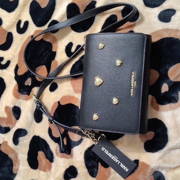 Karl Lagerfeld Handbags - Karl Lagerfeld Black Crossbody Bag with Gold Heart Accents